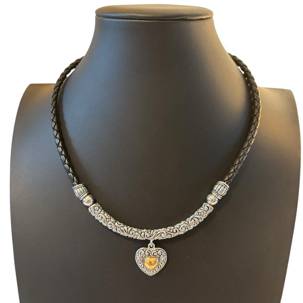 Silver and Black Two-Tone Heart Pendant Necklaceโon Braided Chord.